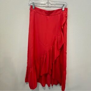 Loft Midi Eyelet Ruffle Skirt Womens size 0 Pink Lined High Low Hem  Zip